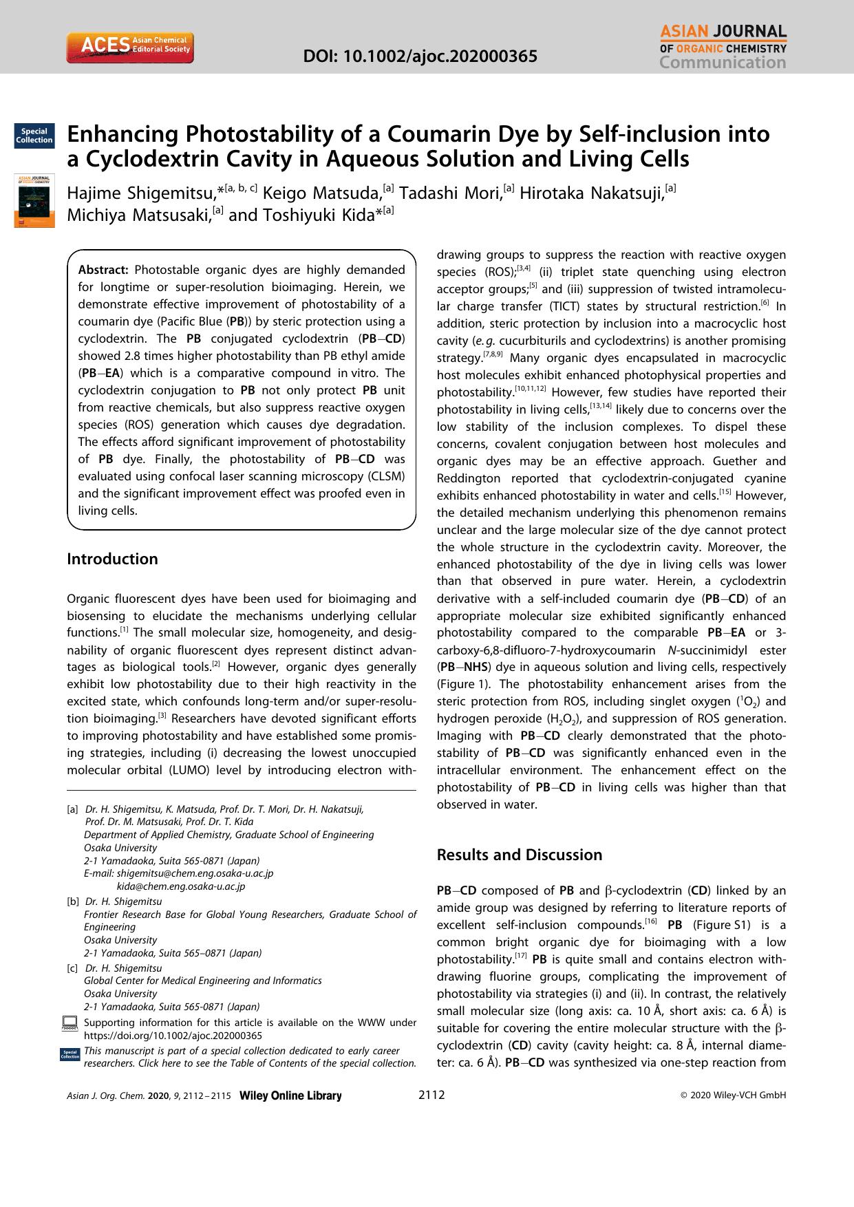 Enhancing Photostability of a Coumarin Dye by Selfâinclusion into a Cyclodextrin Cavity in Aqueous Solution and Living Cells by Unknown