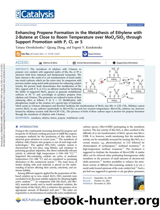 Enhancing Propene Formation in the Metathesis of Ethylene with 2-Butene at Close to Room Temperature over MoOxSiO2 through Support Promotion with P, Cl, or S by Tatiana Otroshchenko Qiyang Zhang & Evgenii V. Kondratenko