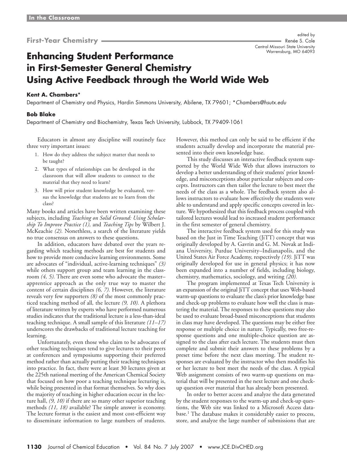 Enhancing Student Performance in First-Semester General Chemistry Using Active Feedback through the World Wide Web by Kent A. Chambers and Bob Blake