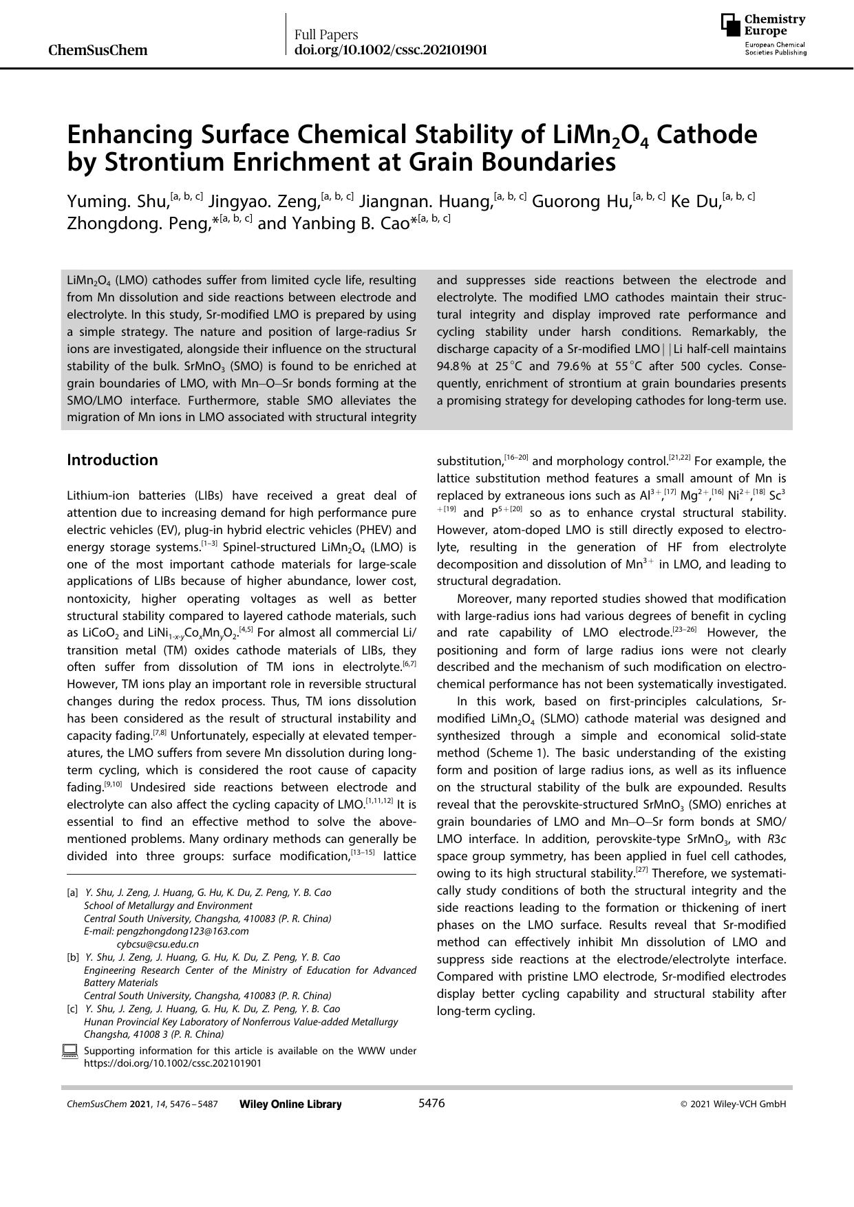 Enhancing Surface Chemical Stability of LiMn2O4 Cathode by Strontium Enrichment at Grain Boundaries by Unknown