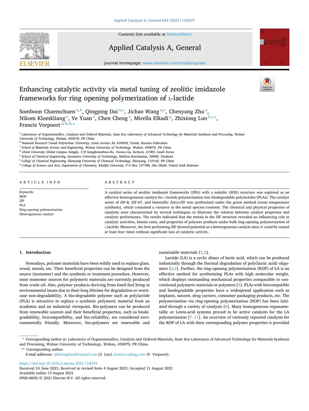 Enhancing catalytic activity via metal tuning of zeolitic imidazole frameworks for ring opening polymerization of l -lactide by unknow