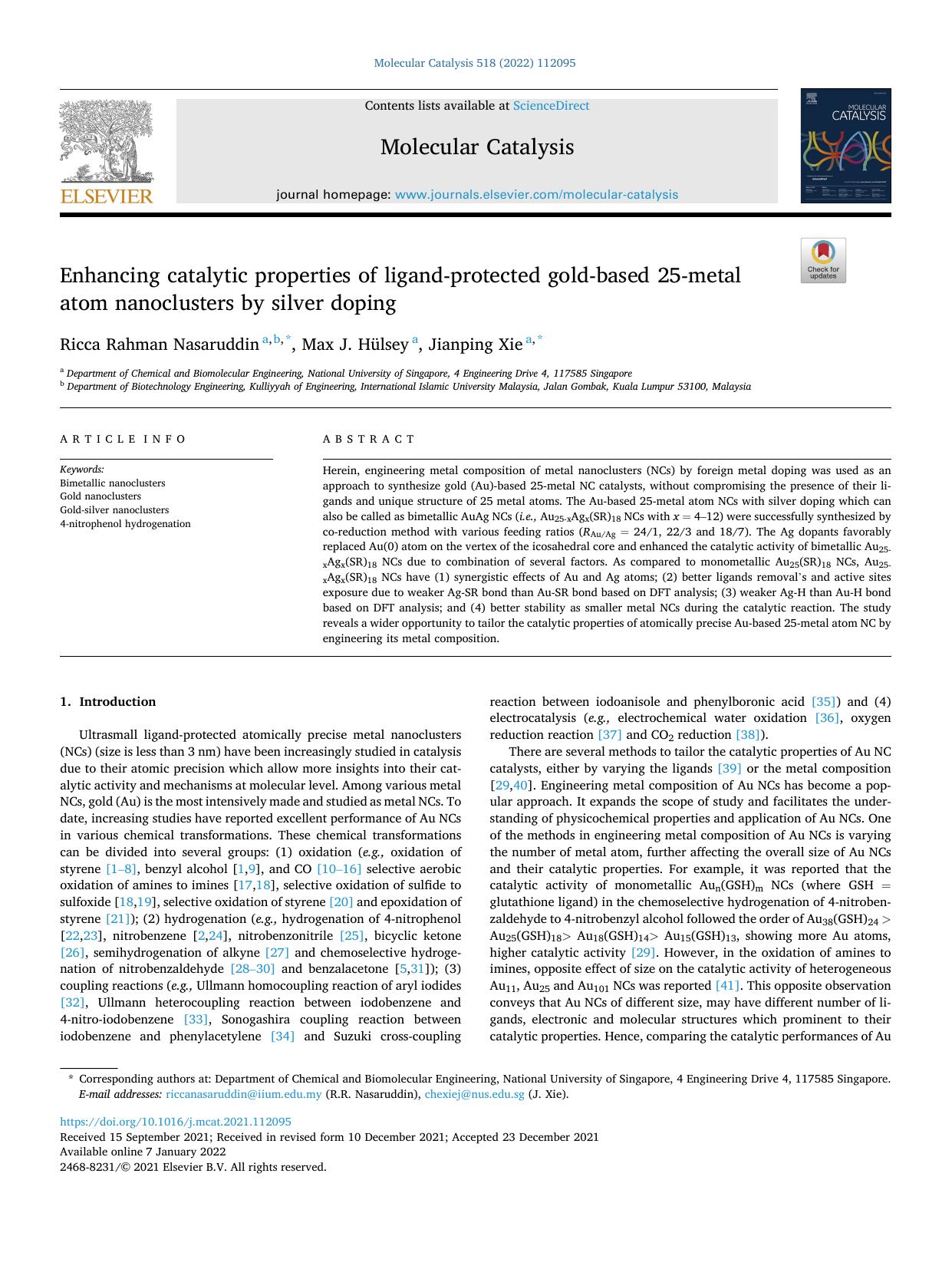 Enhancing catalytic properties of ligand-protected gold-based 25-metal atom nanoclusters by silver doping by Ricca Rahman Nasaruddin & Max J. Hülsey & Jianping Xie