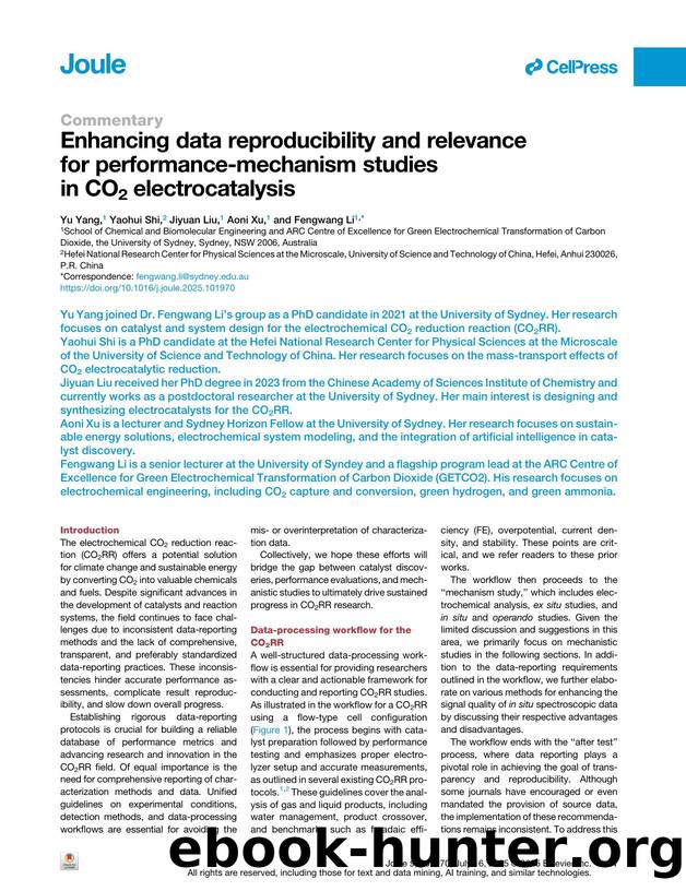 Enhancing data reproducibility and relevance for performance-mechanism studies in CO2 electrocatalysis by Yu Yang & Yaohui Shi & Jiyuan Liu & Aoni Xu & Fengwang Li