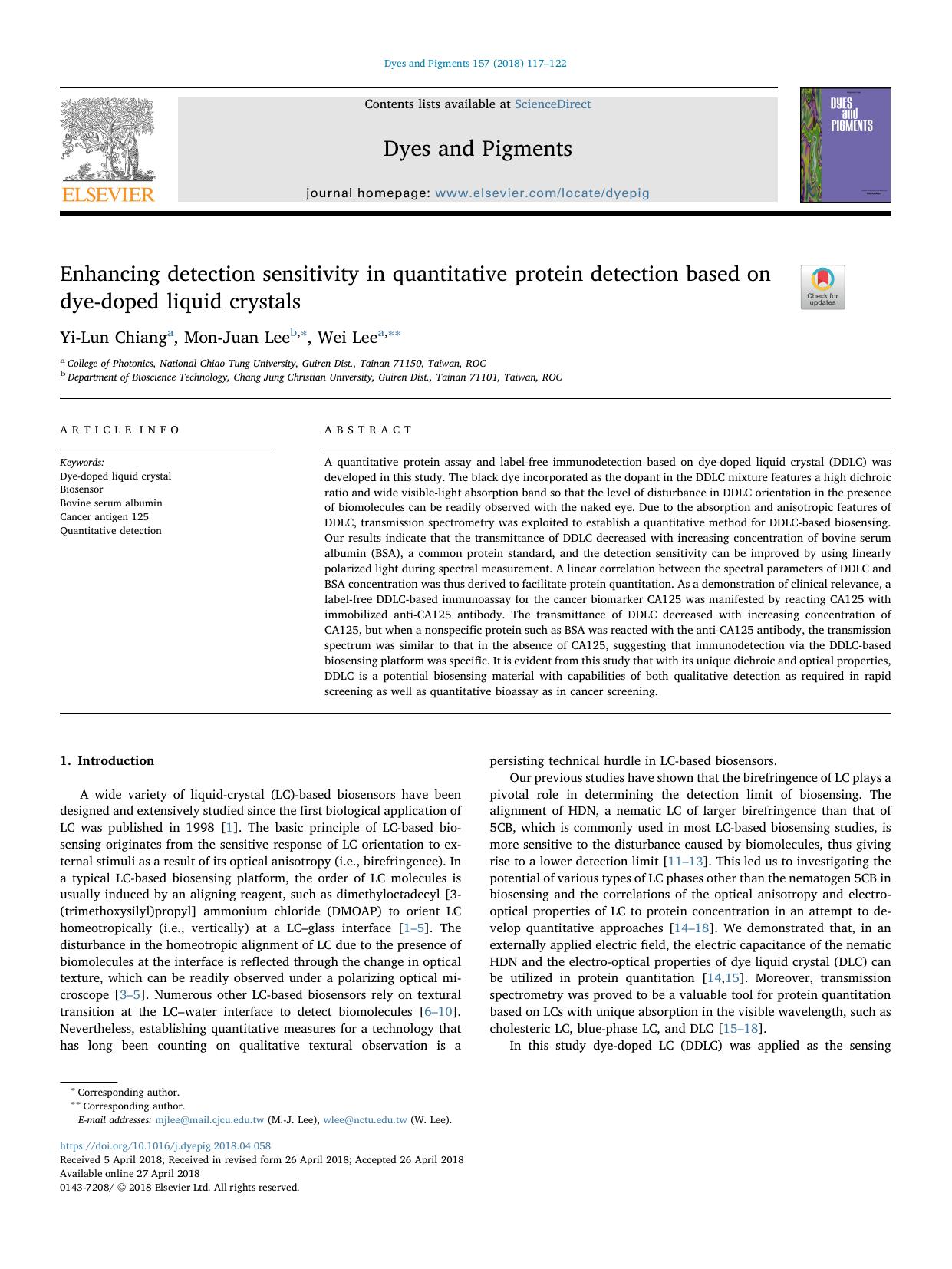 Enhancing detection sensitivity in quantitative protein detection based on dye-doped liquid crystals by Yi-Lun Chiang & Mon-Juan Lee & Wei Lee