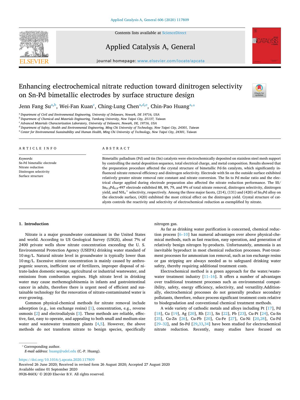 Enhancing electrochemical nitrate reduction toward dinitrogen selectivity on Sn-Pd bimetallic electrodes by surface structure design by Jenn Fang Su & Wei-Fan Kuan & Ching-Lung Chen & Chin-Pao Huang