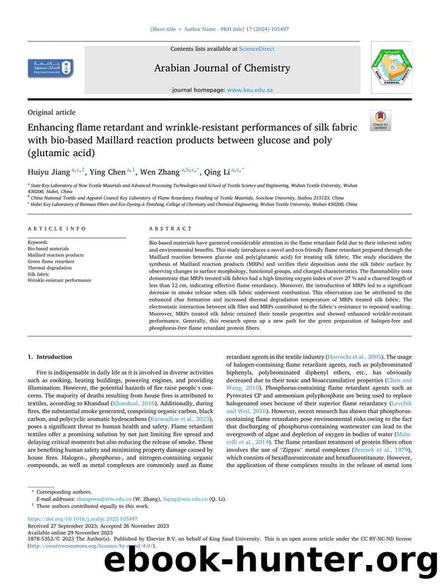 Enhancing flame retardant and wrinkle-resistant performances of silk fabric with bio-based Maillard reaction products between glucose and poly(glutamic acid) by Huiyu Jiang & Ying Chen & Wen Zhang & Qing Li
