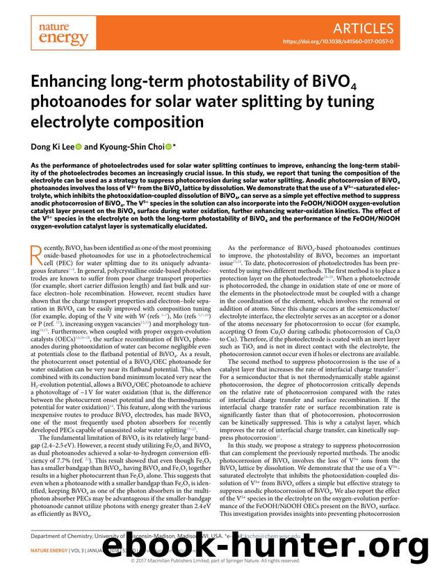 Enhancing long-term photostability of BiVO4 photoanodes for solar water splitting by tuning electrolyte composition by Dong Ki Lee & Kyoung-Shin Choi