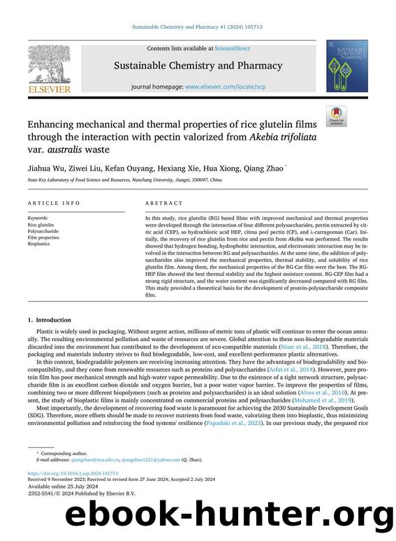 Enhancing mechanical and thermal properties of rice glutelin films through the interaction with pectin valorized from Akebia trifoliata var. australis waste by Jiahua Wu & Ziwei Liu & Kefan Ouyang & Hexiang Xie & Hua Xiong & Qiang Zhao