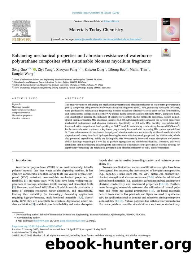 Enhancing mechanical properties and abrasion resistance of waterborne polyurethane composites with sustainable biomass mycelium fragments by Song Guo & Ziyi Yang & Xiaoyan Pang & Zhiwen Ding & Lihong Bao & Meilin Tian & Kanglei Wang