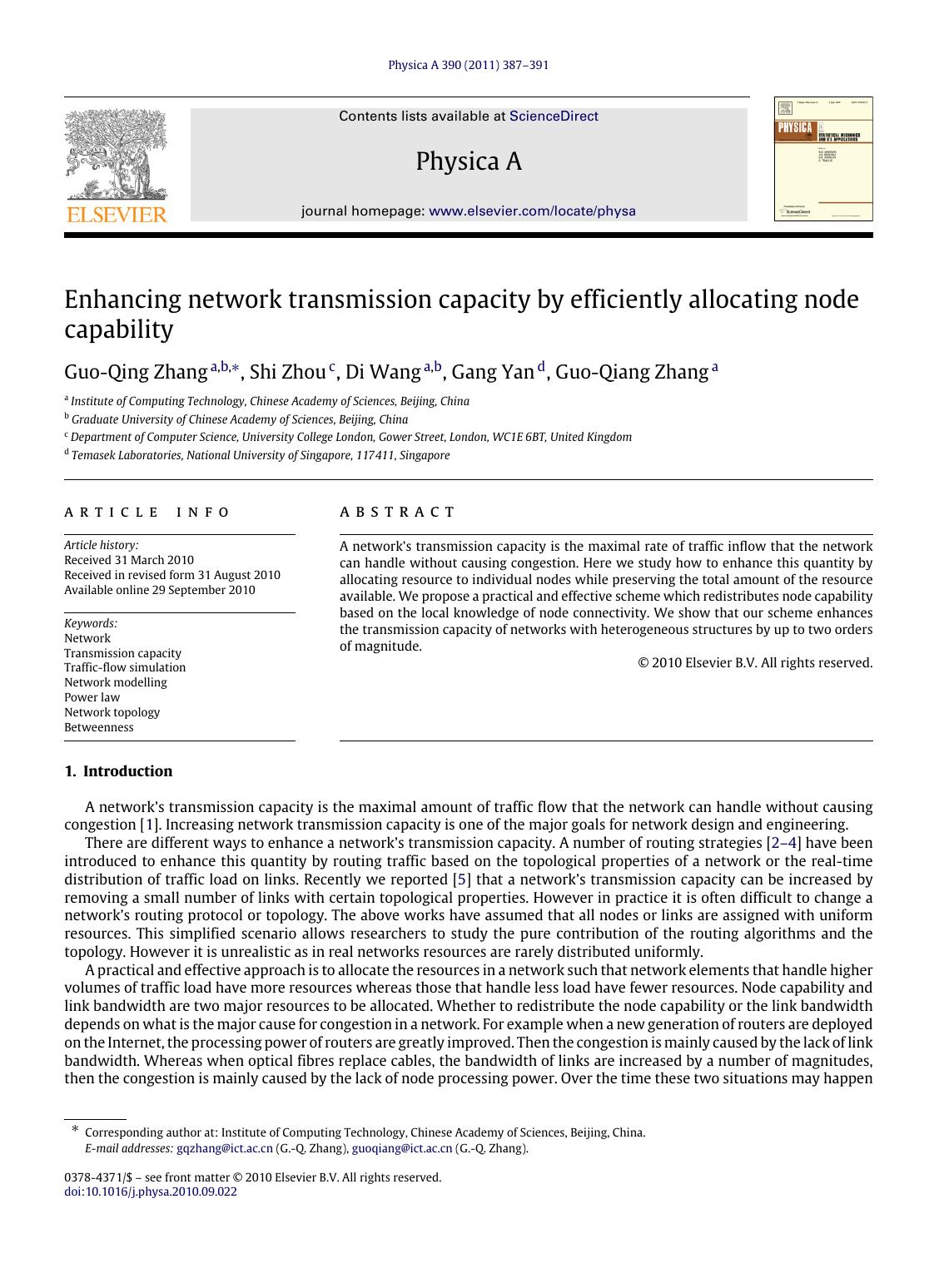 Enhancing network transmission capacity by efficiently allocating node capability by Guo-Qing Zhang & Shi Zhou & Di Wang & Gang Yan & Guo-Qiang Zhang