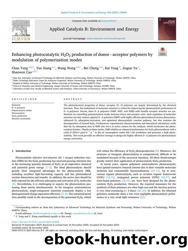 Enhancing photocatalytic H2O2 production of donorâacceptor polymers by modulation of polymerization modes by Chao Yang & Yao Xiang & Wang Wang & Bei Cheng & Kai Yang & Jiaguo Yu & Shaowen Cao