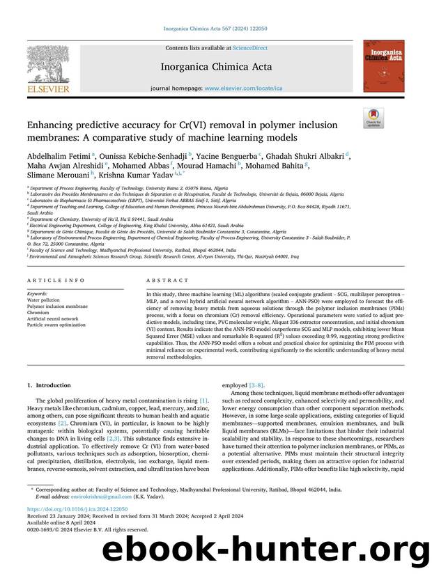 Enhancing predictive accuracy for Cr(VI) removal in polymer inclusion membranes: A comparative study of machine learning models by unknow