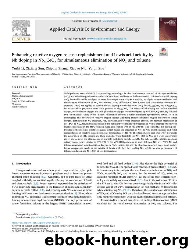 Enhancing reactive oxygen release-replenishment and Lewis acid acidity by Nb doping in NbmCeOx for simultaneous elimination of NOx and toluene by Yushi Li & Zixiang Sun & Zhiping Zhang & Xiaoyu Niu & Yujun Zhu