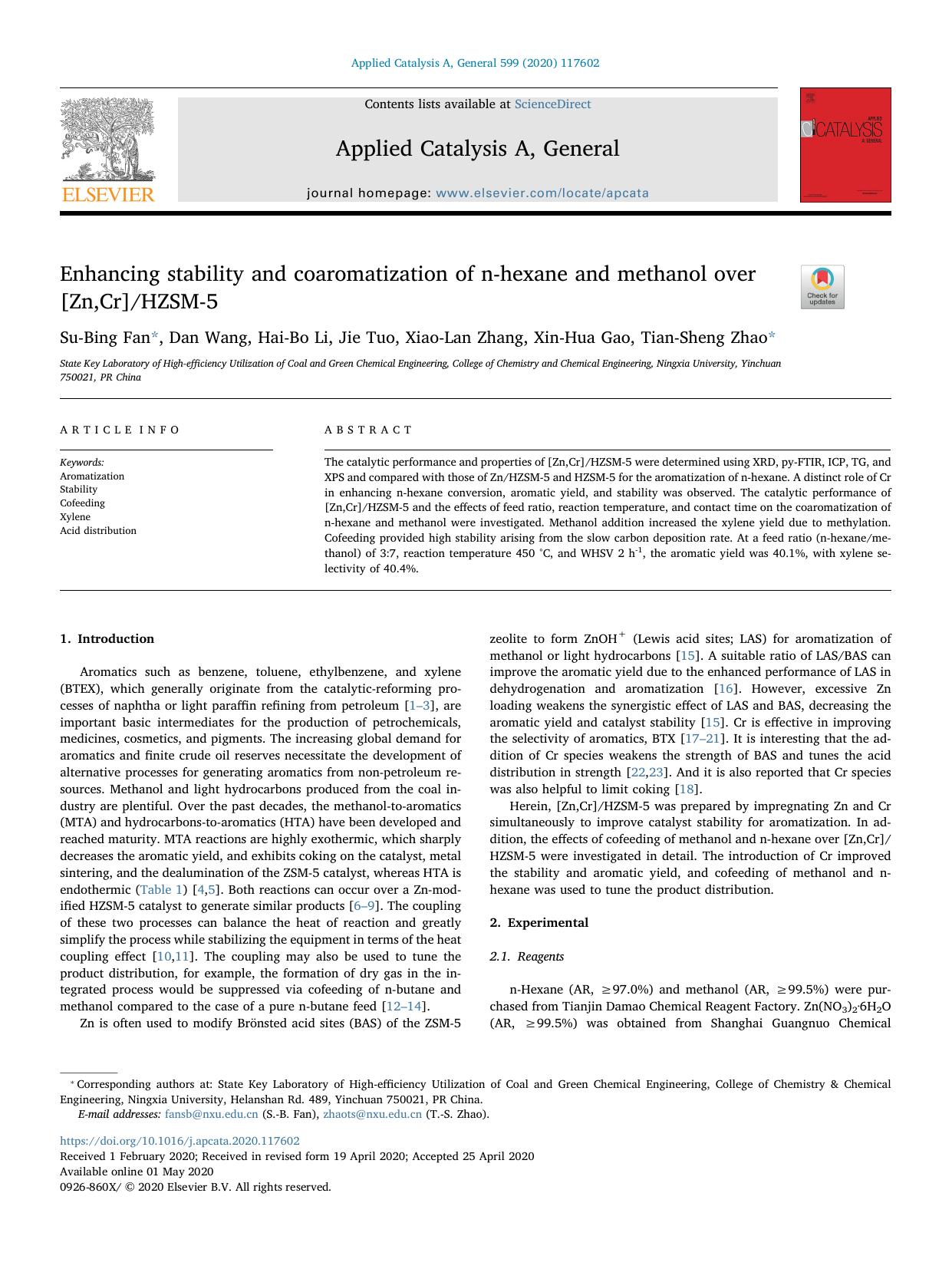 Enhancing stability and coaromatization of n-hexane and methanol over [Zn,Cr]HZSM-5 by Su-Bing Fan & Dan Wang & Hai-Bo Li & Jie Tuo & Xiao-Lan Zhang & Xin-Hua Gao & Tian-Sheng Zhao