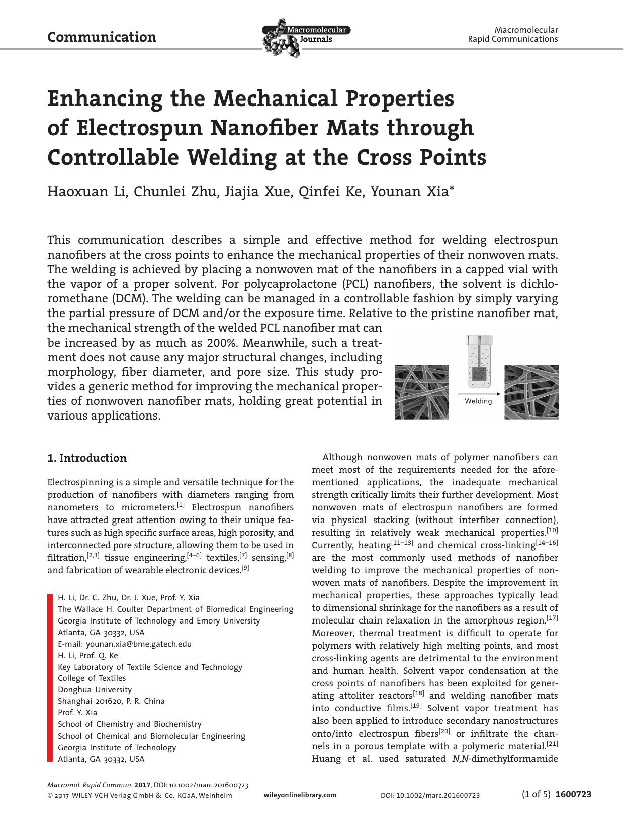 Enhancing the Mechanical Properties of Electrospun Nanofiber Mats through Controllable Welding at the Cross Points by Unknown