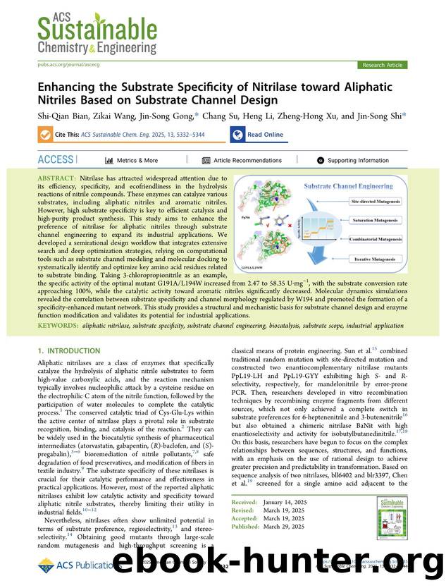 Enhancing the Substrate Specificity of Nitrilase toward Aliphatic Nitriles Based on Substrate Channel Design by Shi-Qian Bian Zikai Wang Jin-Song Gong Chang Su Heng Li Zheng-Hong Xu and Jin-Song Shi