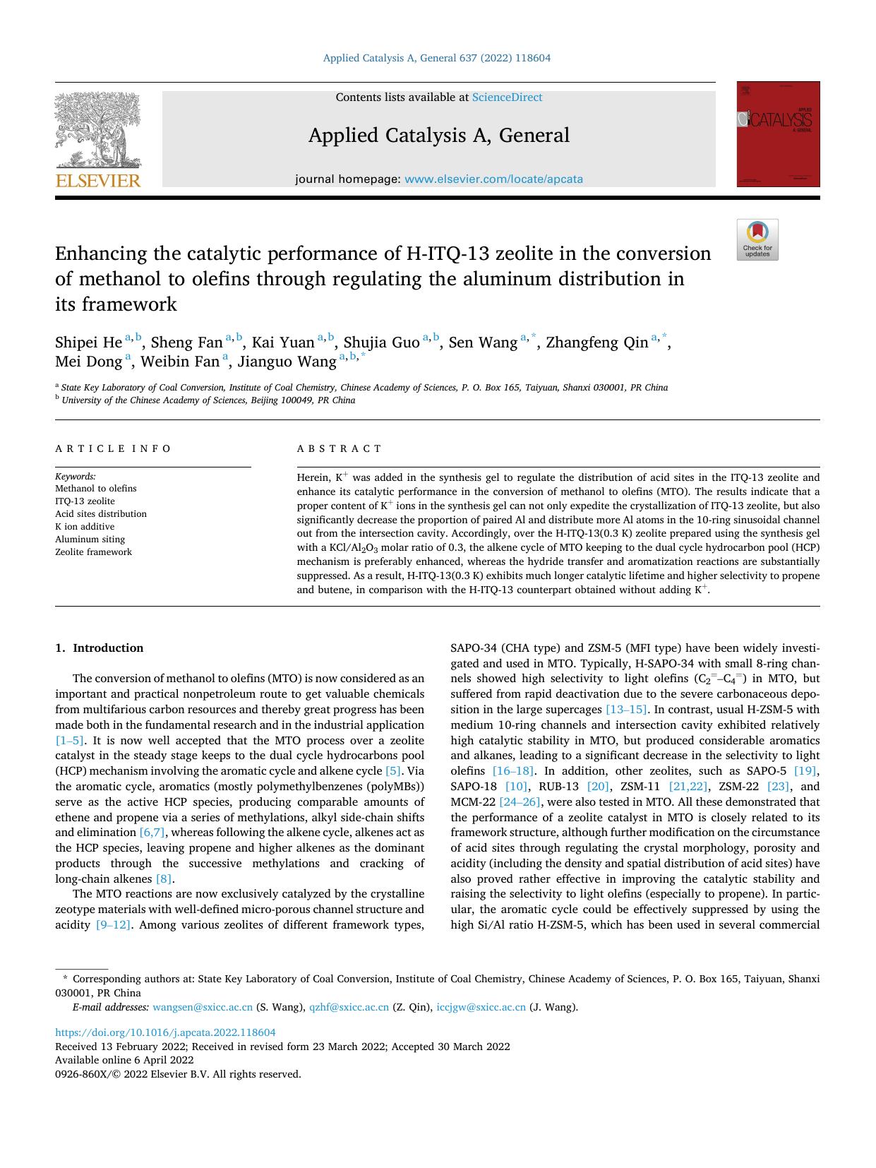 Enhancing the catalytic performance of H-ITQ-13 zeolite in the conversion of methanol to olefins through regulating the aluminum distribution in its framework by unknow
