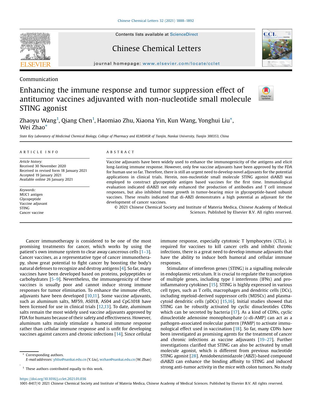 Enhancing the immune response and tumor suppression effect of antitumor vaccines adjuvanted with non-nucleotide small molecule STING agonist by Zhaoyu Wang & Qiang Chen & Haomiao Zhu & Xiaona Yin & Kun Wang & Yonghui Liu & Wei Zhao