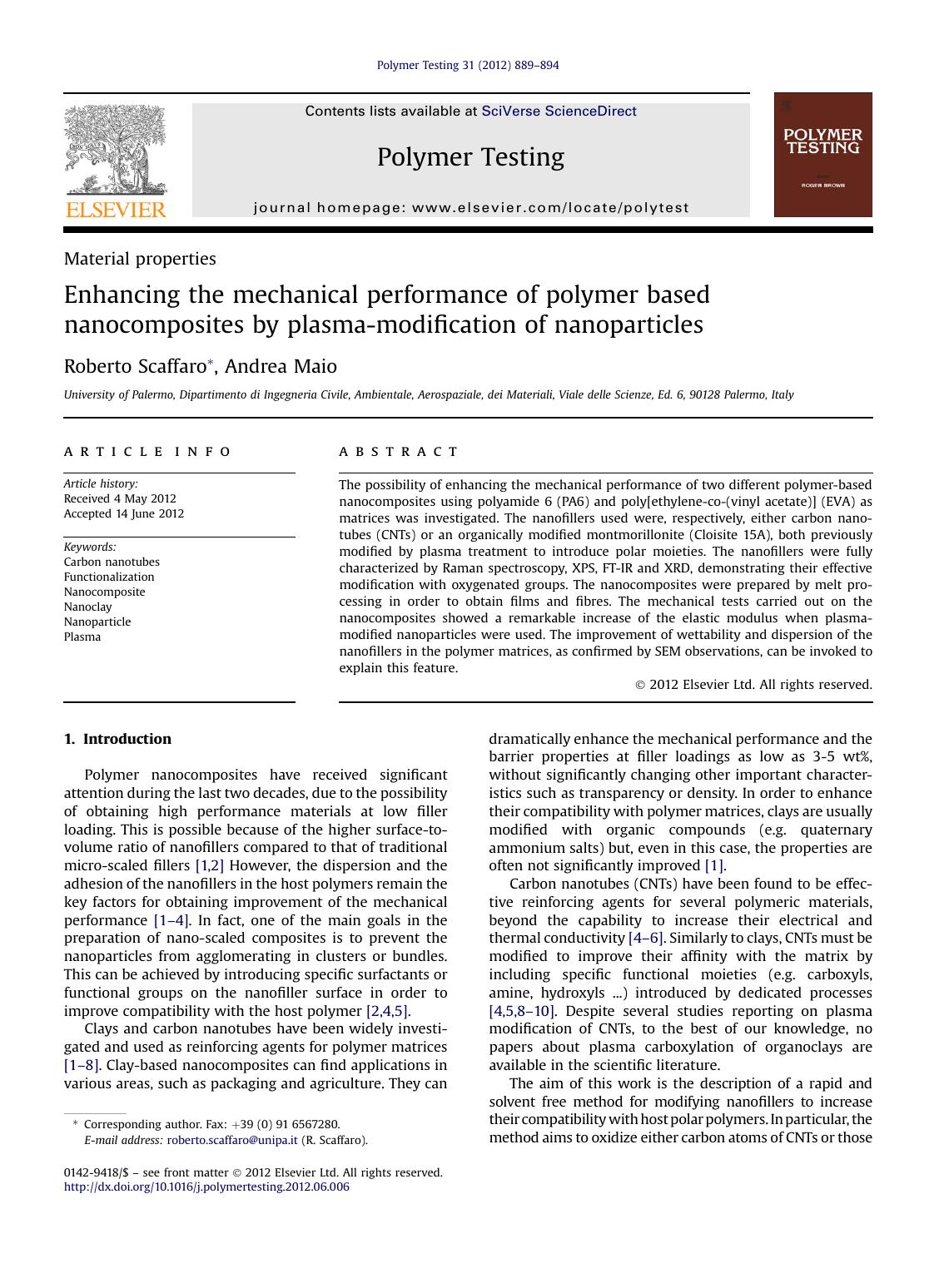 Enhancing the mechanical performance of polymer based nanocomposites by plasma-modification of nanoparticles by Roberto Scaffaro; Andrea Maio & Andrea Maio