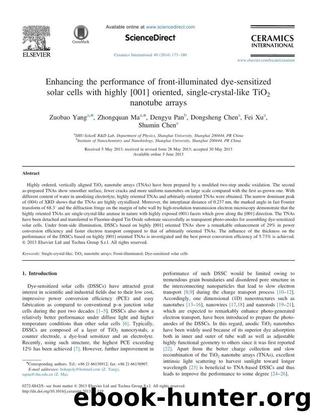 Enhancing the performance of front-illuminated dye-sensitized solar cells with highly [001] oriented, single-crystal-like TiO2 nanotube arrays by Zuobao Yang & Zhongquan Ma & Dengyu Pan & Dongsheng Chen & Fei Xu & Shumin Chen
