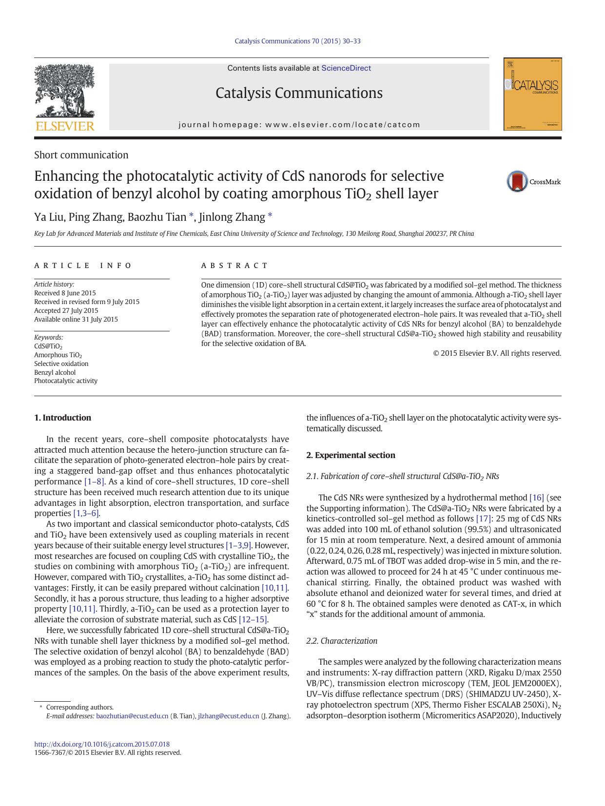 Enhancing the photocatalytic activity of CdS nanorods for selective oxidation of benzyl alcohol by coating amorphous TiO2 shell layer by Ya Liu & Ping Zhang & Baozhu Tian & Jinlong Zhang