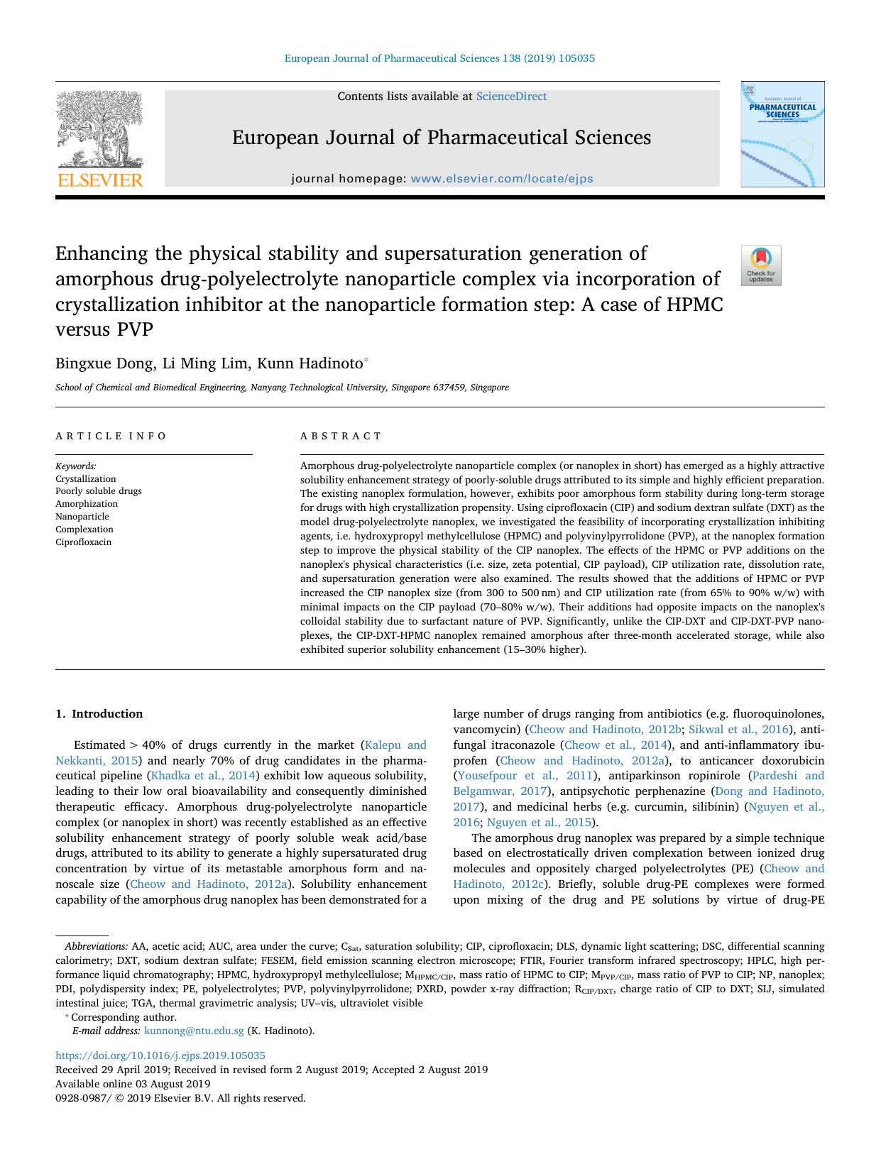 Enhancing the physical stability and supersaturation generation of amorphous drug-polyelectrolyte nanoparticle complex via incorporation of crystallization inhibitor at the nanopar by Bingxue Dong & Li Ming Lim & Kunn Hadinoto