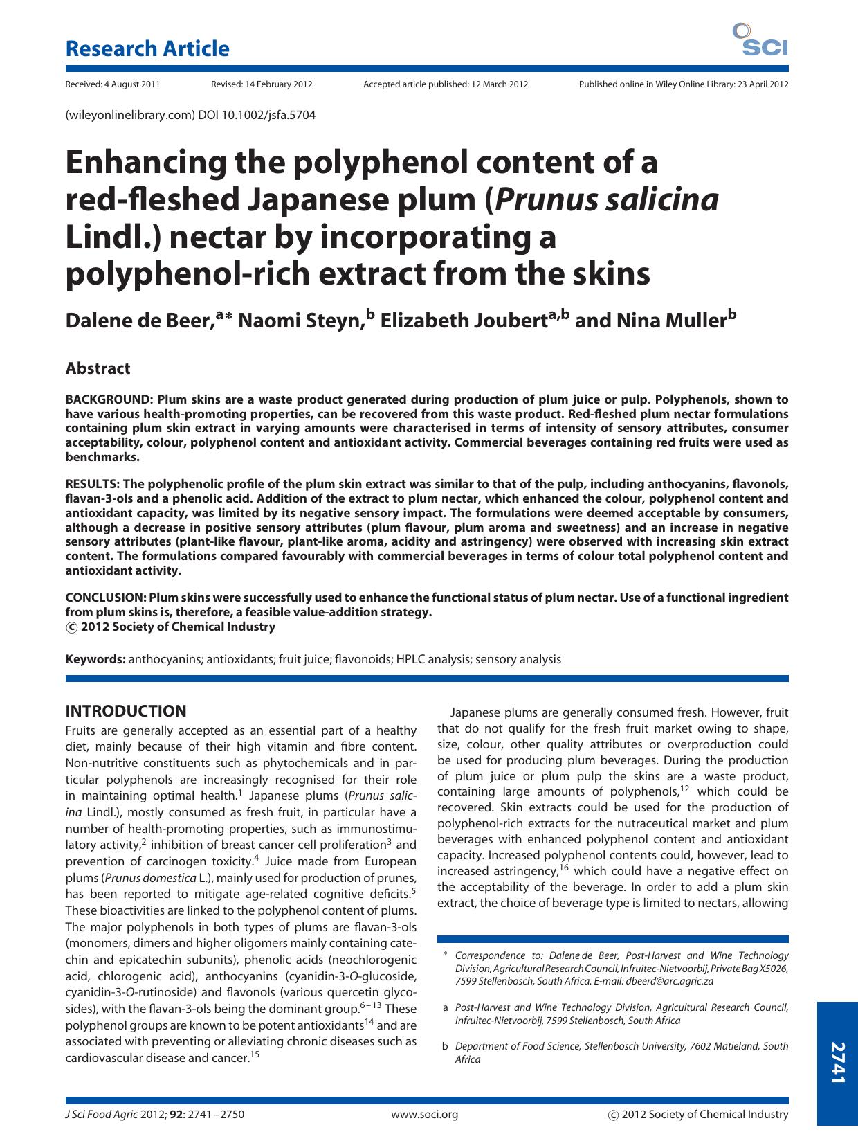 Enhancing the polyphenol content of a redfleshed Japanese plum (Prunus salicina Lindl.) nectar by incorporating a polyphenolrich extract from the skins by Unknown