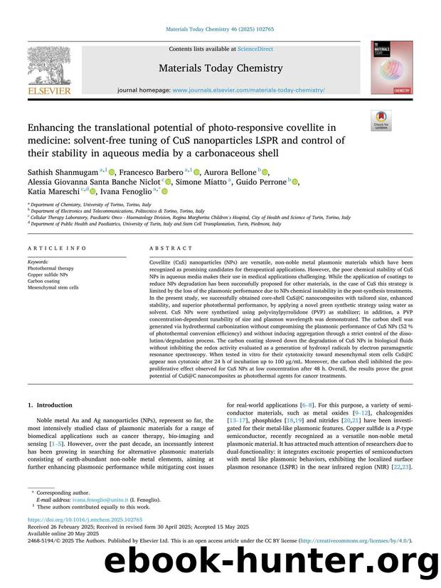 Enhancing the translational potential of photo-responsive covellite in medicine: solvent-free tuning of CuS nanoparticles LSPR and control of their stability in aqueous media by a carbonaceous shell by unknow