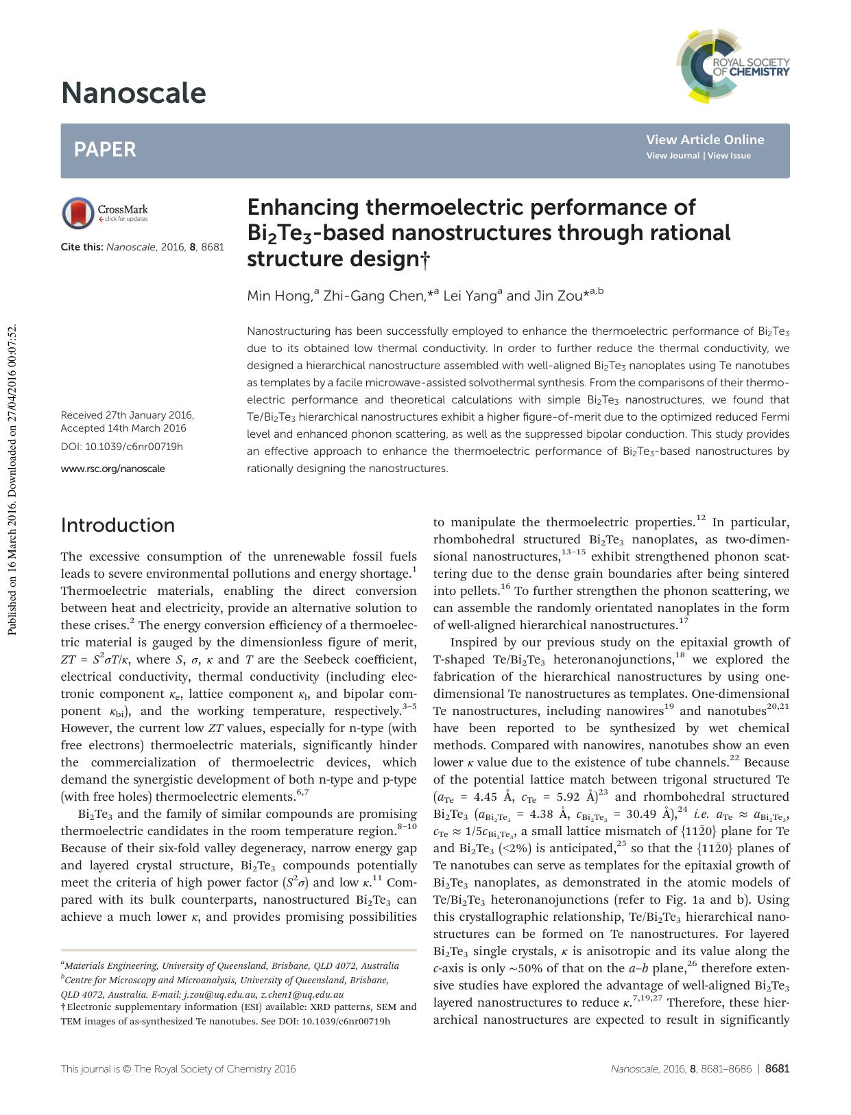 Enhancing thermoelectric performance of Bi2Te3-based nanostructures through rational structure design by Min Hong Zhi-Gang Chen Lei Yang Jin Zou