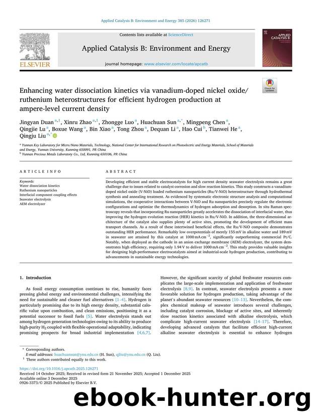 Enhancing water dissociation kinetics via vanadium-doped nickel oxideruthenium heterostructures for efficient hydrogen production at ampere-level current density by unknow