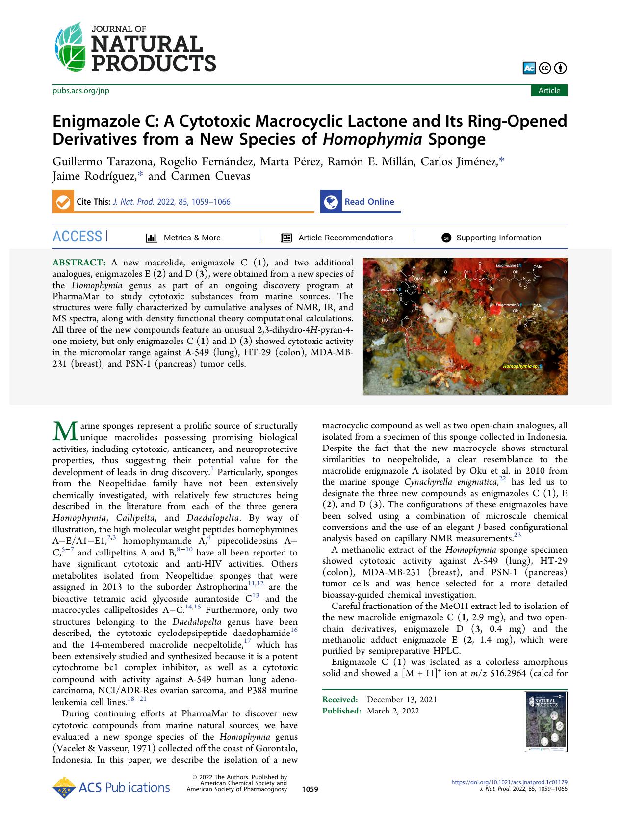 Enigmazole C: A Cytotoxic Macrocyclic Lactone and Its Ring-Opened Derivatives from a New Species of Homophymia Sponge by unknow