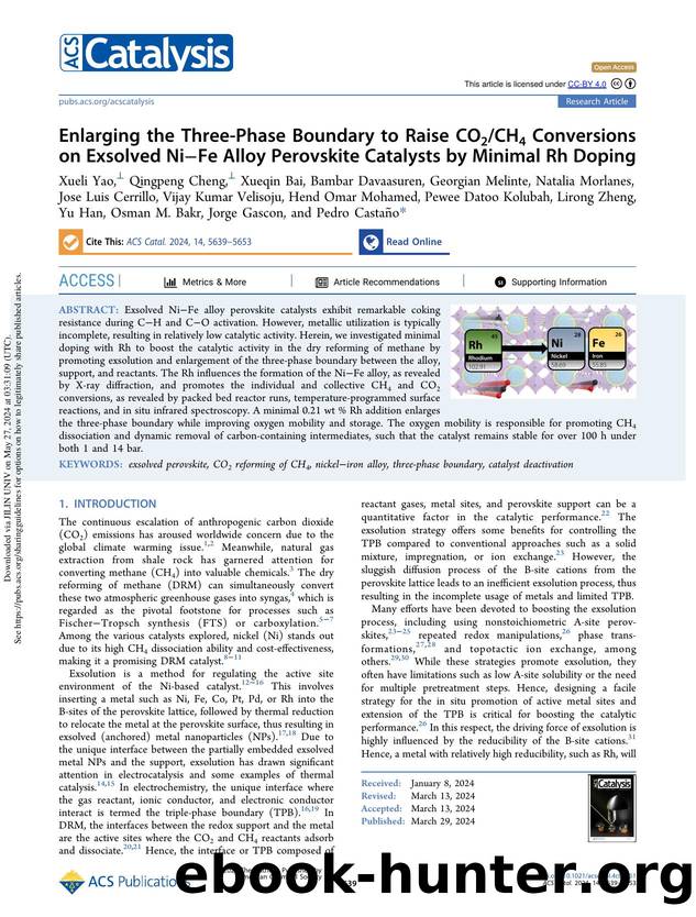 Enlarging the Three-Phase Boundary to Raise CO2CH4 Conversions on Exsolved NiâFe Alloy Perovskite Catalysts by Minimal Rh Doping by unknow