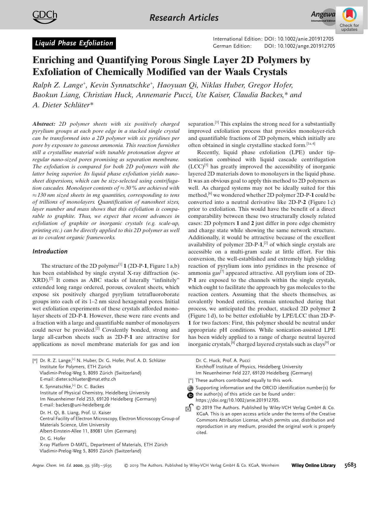 Enriching and Quantifying Porous Single Layer 2D Polymers by Exfoliation of Chemically Modified van der Waals Crystals by Unknown