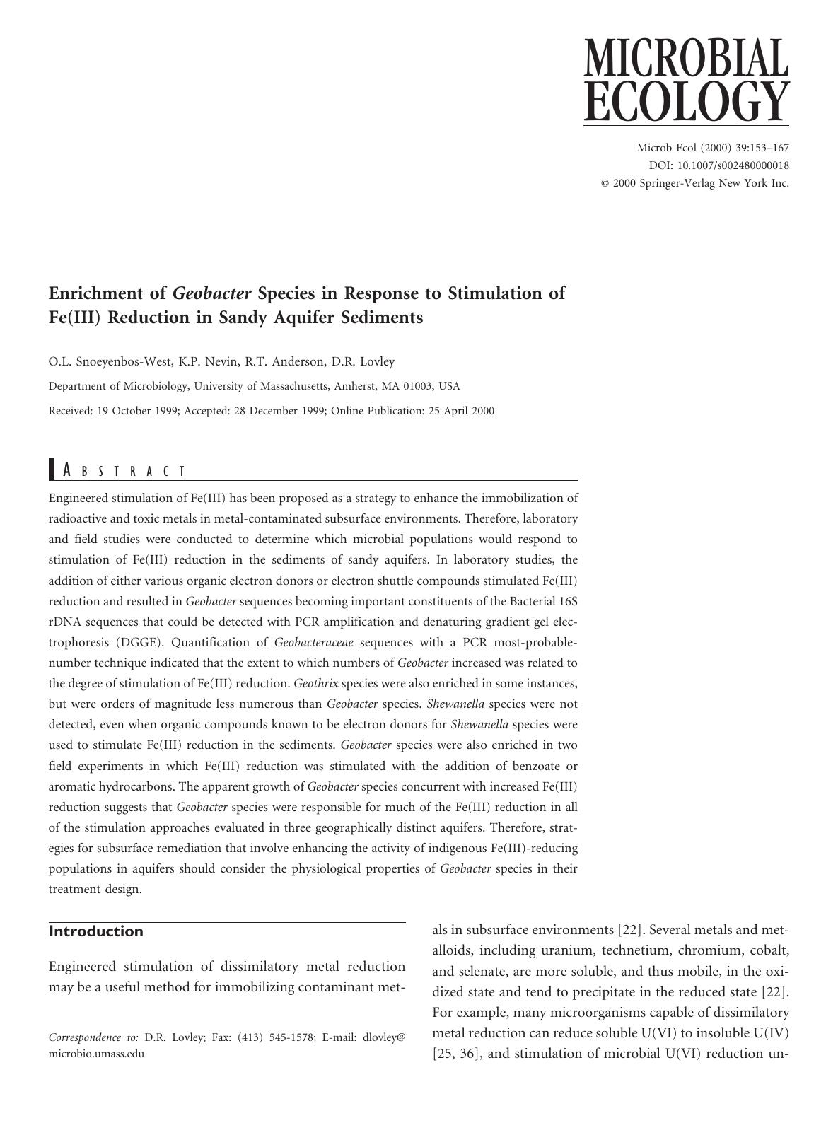 Enrichment of Geobacter Species in Response to Stimulation of Fe(III) Reduction in Sandy Aquifer Sediments by Snoeyenbos-West O. et al