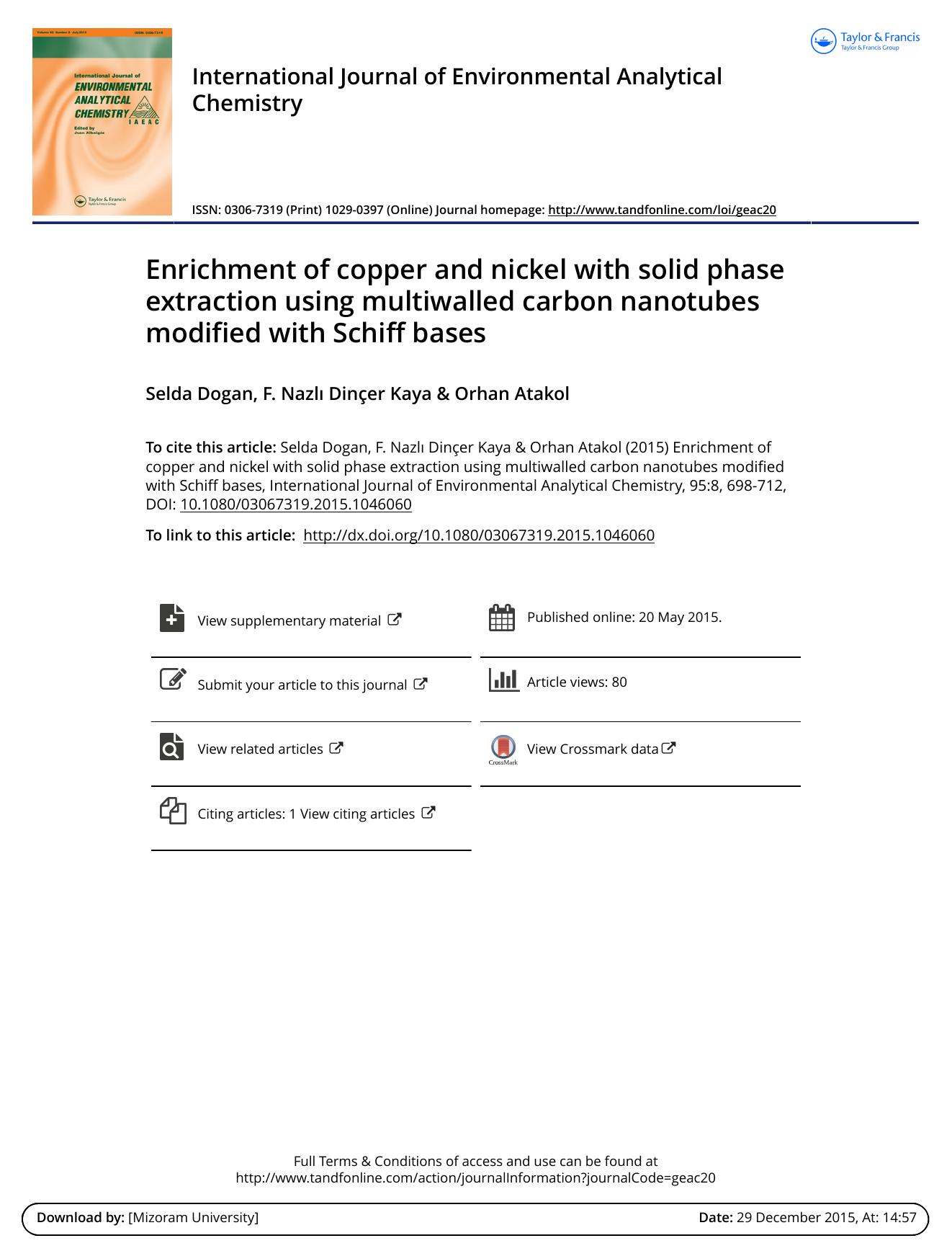 Enrichment of copper and nickel with solid phase extraction using multiwalled carbon nanotubes modified with Schiff bases by Selda Dogan