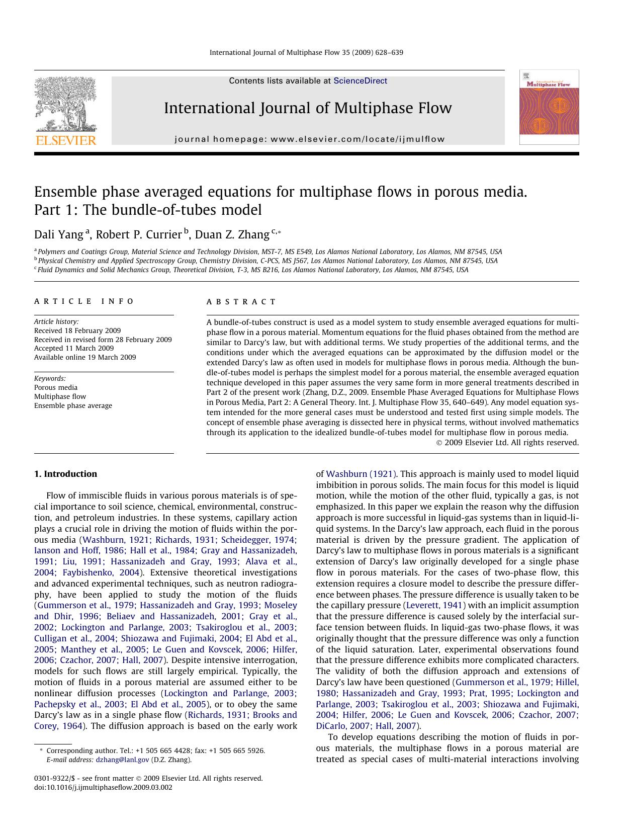 Ensemble phase averaged equations for multiphase flows in porous media. Part 1: The bundle-of-tubes model by Dali Yang; Robert P. Currier; Duan Z. Zhang