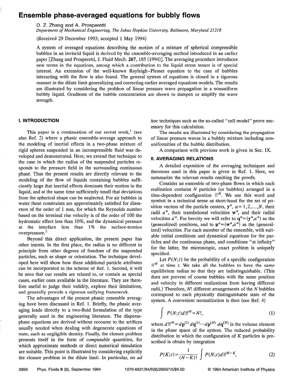 Ensemble phase-averaged equations for bubbly flows by D. Z. Zhang; A. Prosperetti