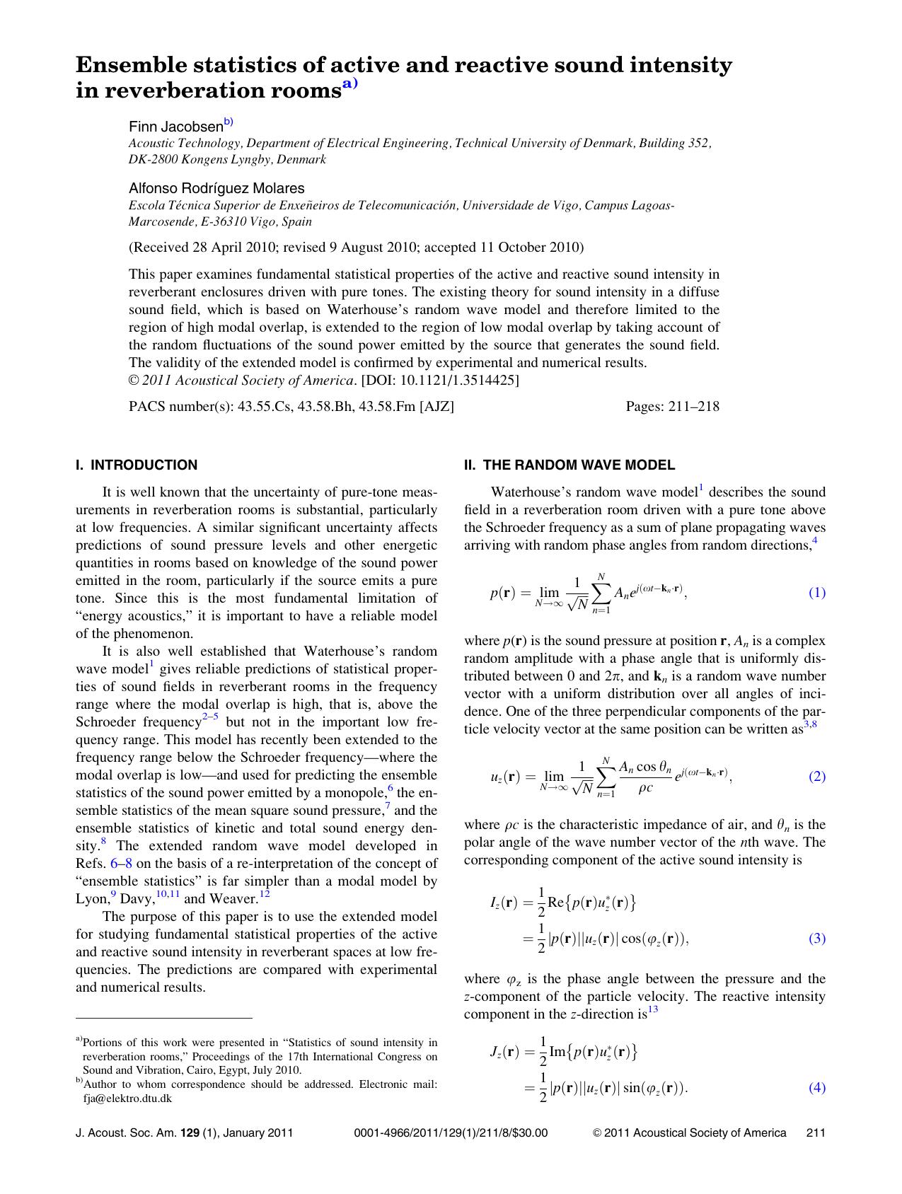 Ensemble statistics of active and reactive sound intensity in reverberation rooms by Finn Jacobsen & Alfonso Rodrıguez Molares