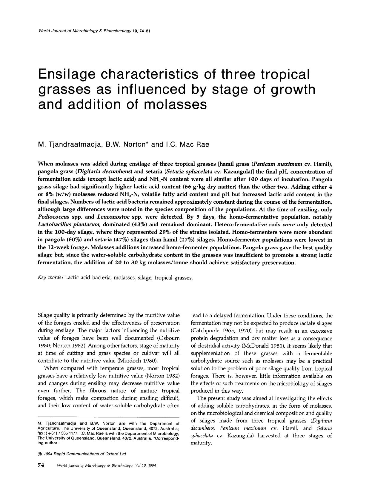 Ensilage characteristics of three tropical grasses as influenced by stage of growth and addition of molasses by Unknown