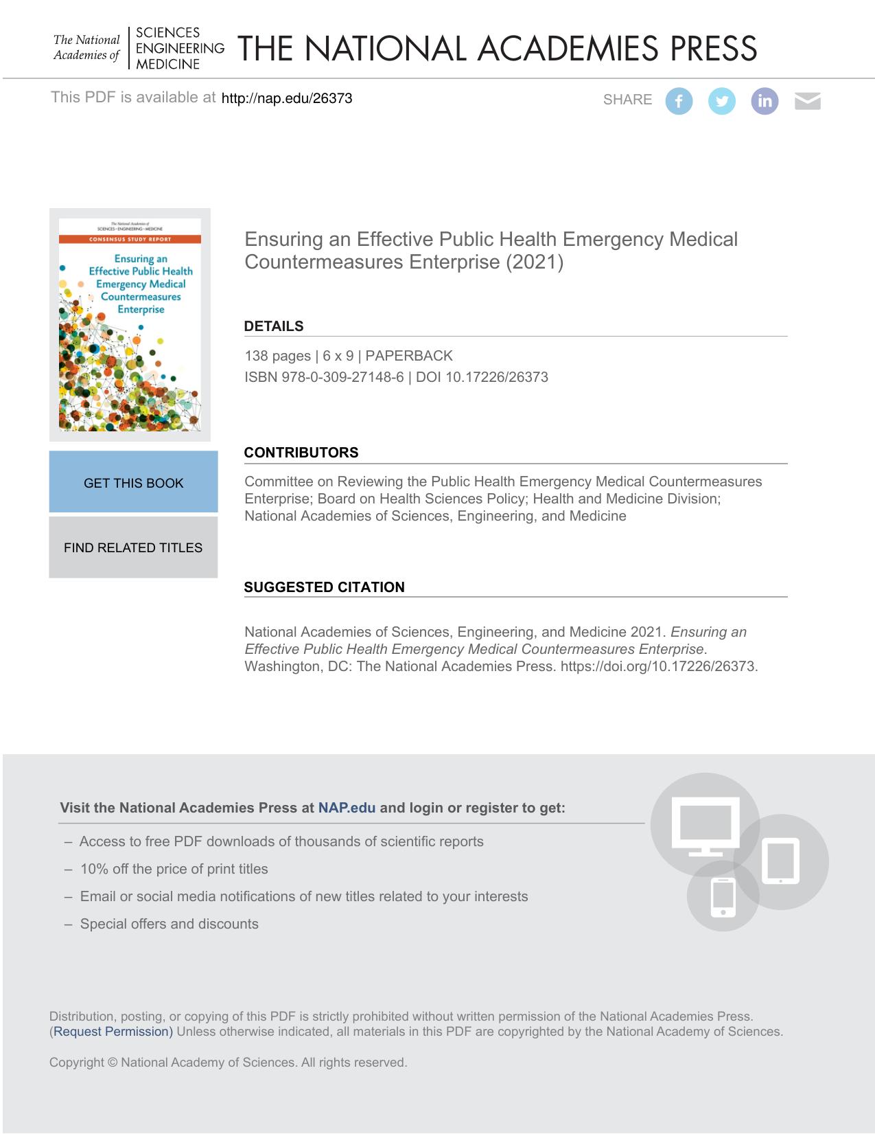 Ensuring an Effective Public Health Emergency Medical Countermeasures Enterprise by Committee on Reviewing the Public Health Emergency Medical Countermeasures Enterprise