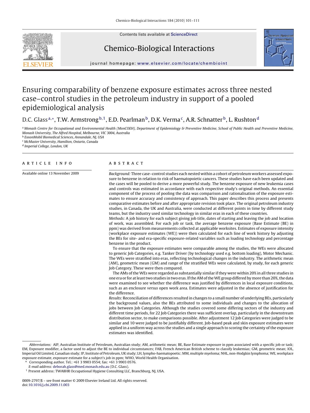 Ensuring comparability of benzene exposure estimates across three nested caseÃ¢â¬âcontrol studies in the petroleum industry in support of a pooled epidemiological analysis by D.C. Glass; T.W. Armstrong; E.D. Pearlman; D.K. Verma; A.R. Schnatter; L. Rushton