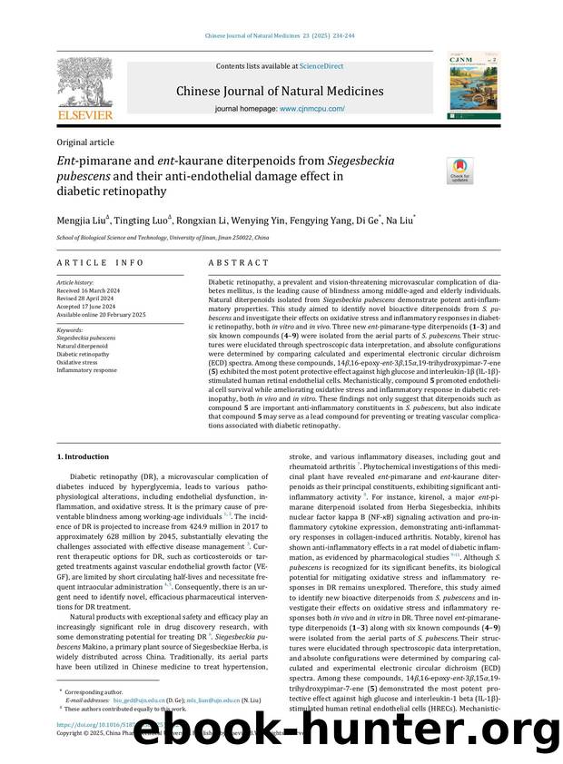 Ent-pimarane and ent-kaurane diterpenoids from Siegesbeckia pubescens and their anti-endothelial damage effect in diabetic retinopathy by Mengjia Liu & Tingting Luo & Rongxian Li & Wenying Yin & Fengying Yang & Di Ge & Na Liu