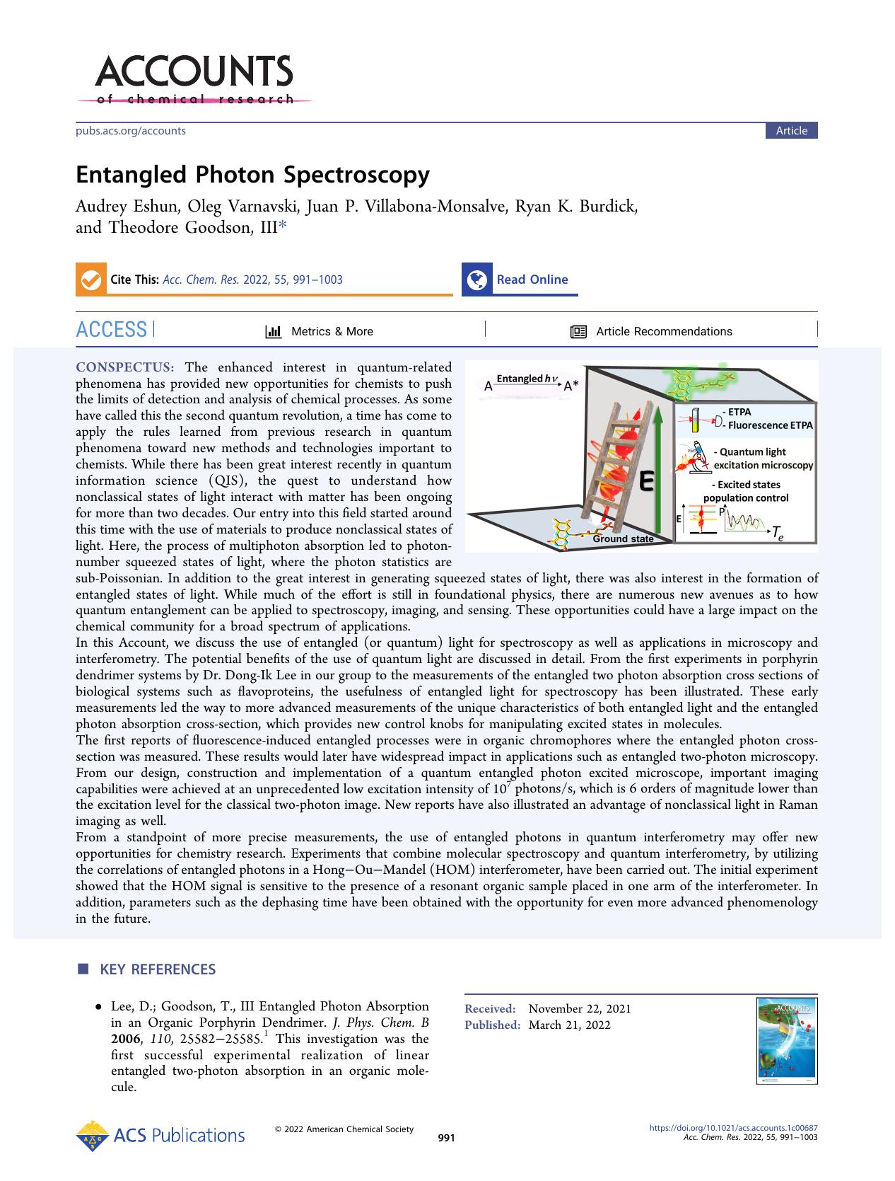 Entangled Photon Spectroscopy by Audrey Eshun Oleg Varnavski Juan P. Villabona-Monsalve Ryan K. Burdick and Theodore Goodson