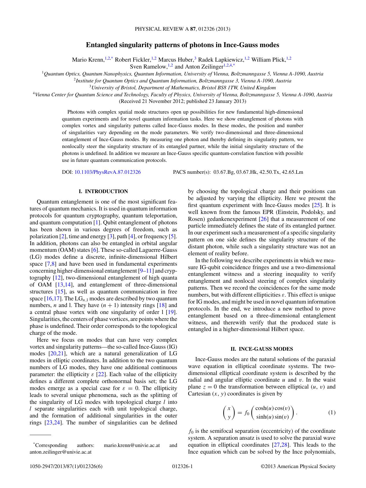 Entangled singularity patterns of photons in Ince-Gauss modes (2013) by Unknown