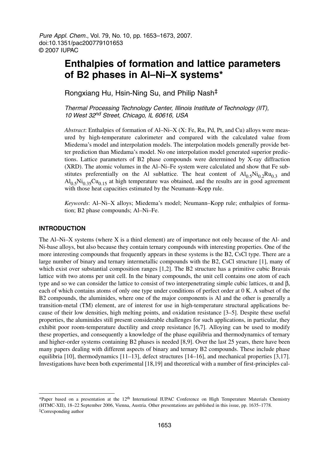Enthalpies of formation and lattice parameters of B2 phases in Al-Ni-X systems by Rongxiang Hu Hsin-Ning Su & Philip Nash