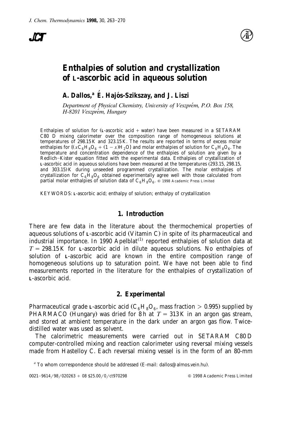 Enthalpies of solution and crystallization of L-ascorbic acid in aqueous solution by Dallos A. et al