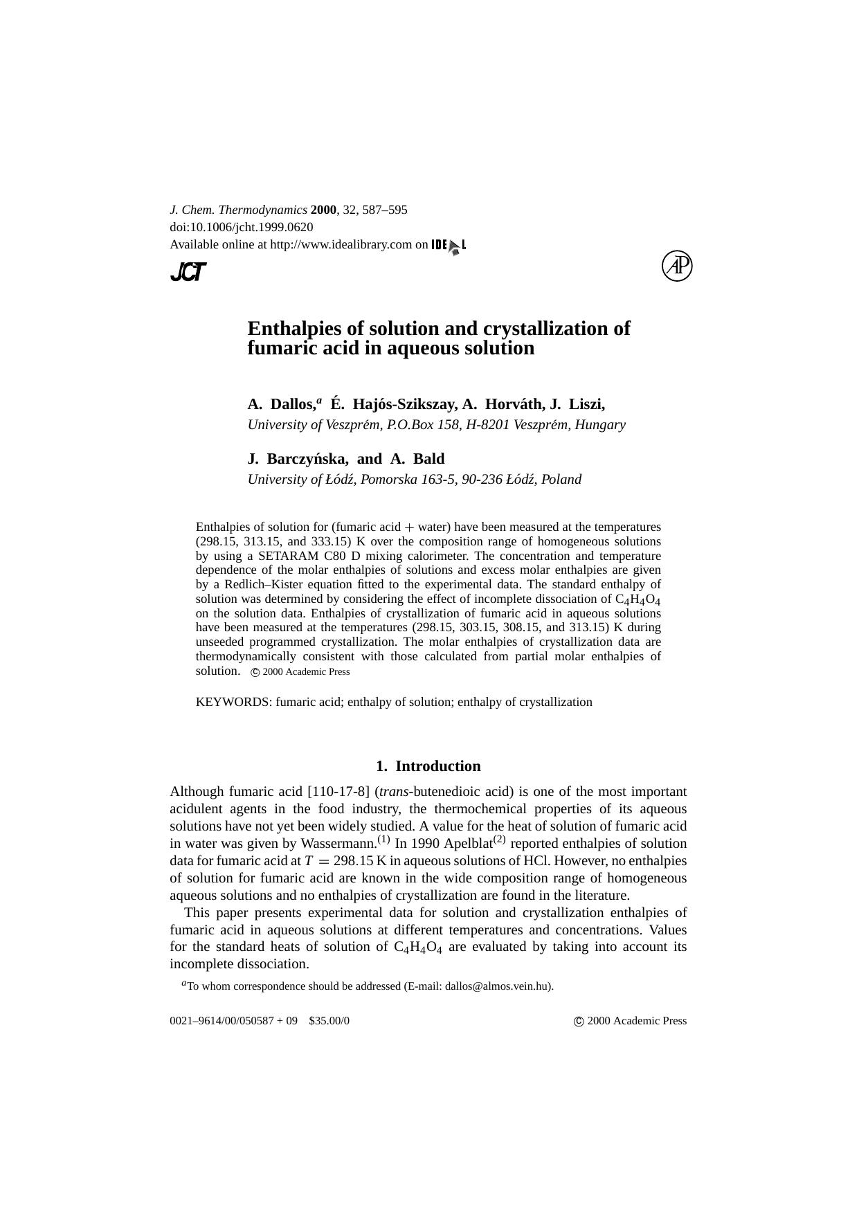 Enthalpies of solution and crystallization of fumaric acid by A. Dallos et al
