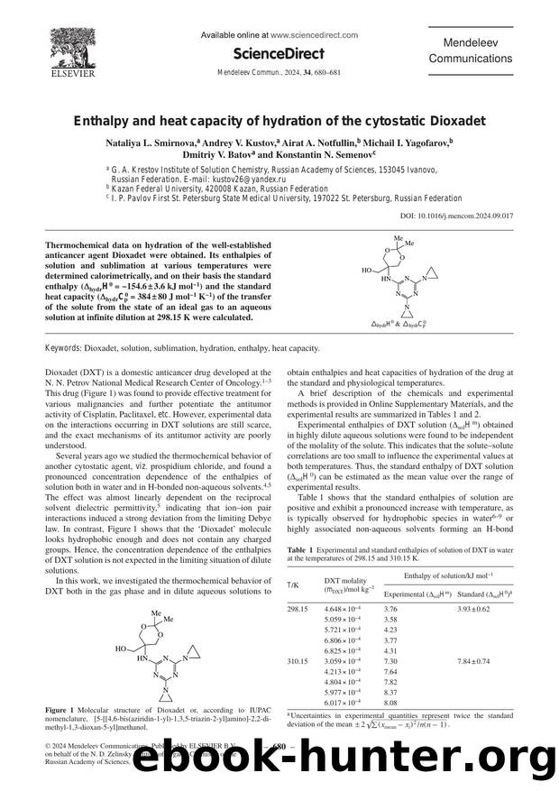 Enthalpy and heat capacity of hydration of the cytostatic Dioxadet by unknow