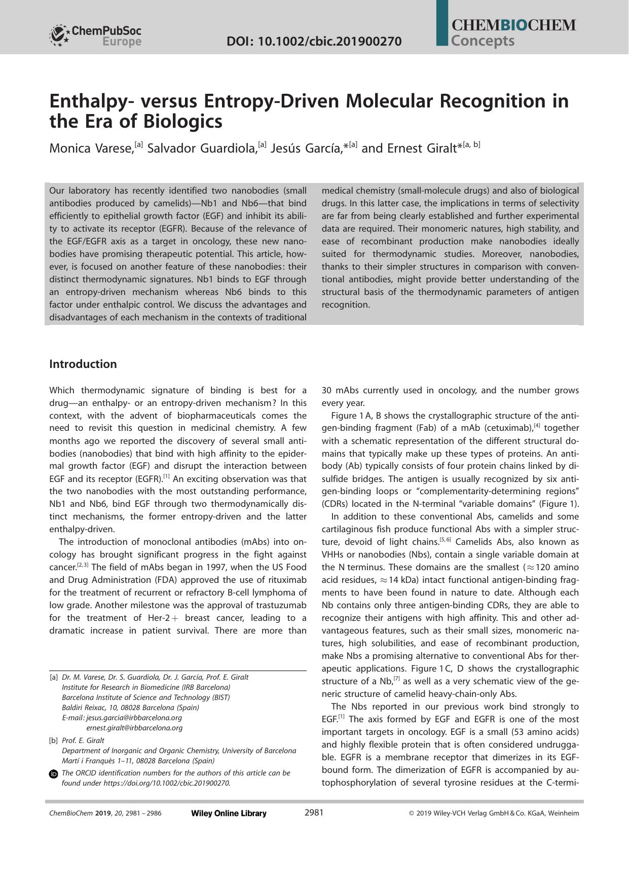 Enthalpyâ versus EntropyâDriven Molecular Recognition in the Era of Biologics by Unknown