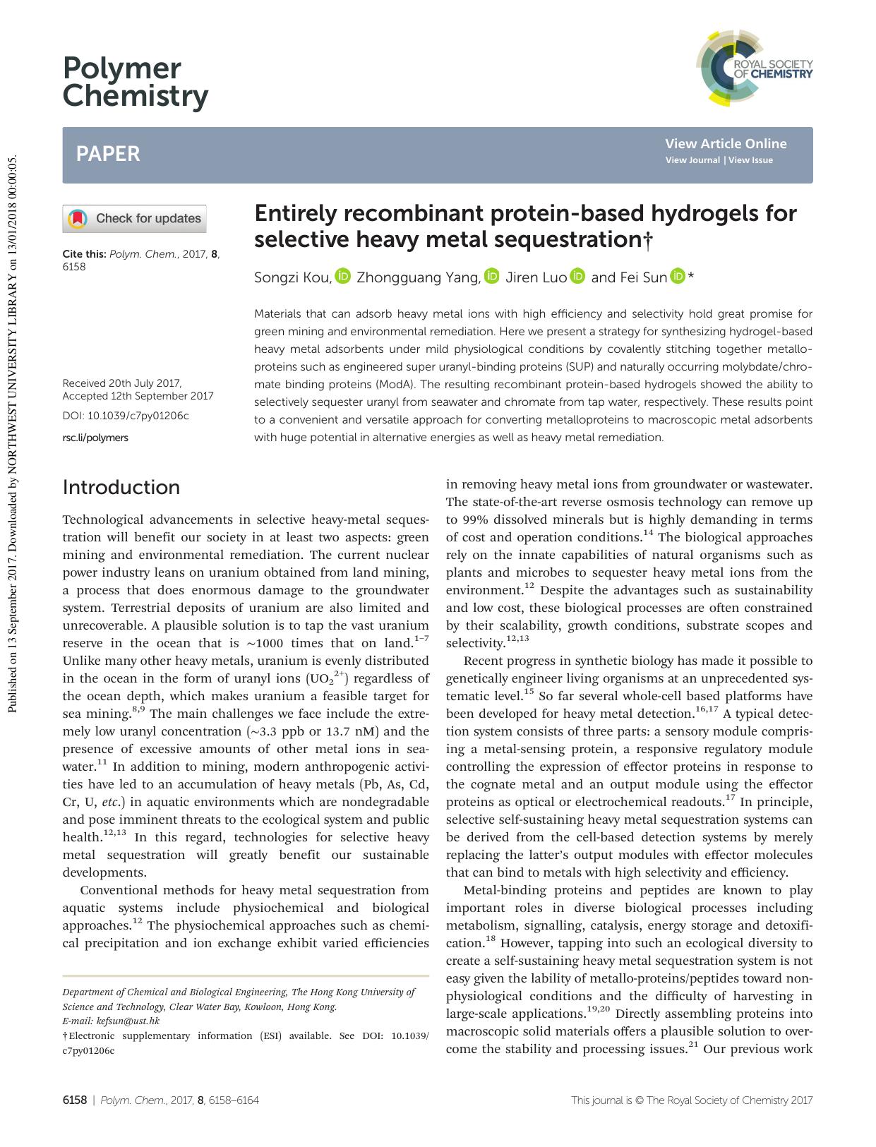 Entirely recombinant protein-based hydrogels for selective heavy metal sequestration by Songzi Kou Zhongguang Yang Jiren Luo Fei Sun